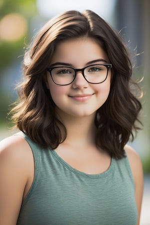 A 16-year-old al3x girl with a kind face and soft eyes tilts her head slightly, flashing a warm smile. Her dark brown hair falls in loose waves around her round face, which is framed by black glasses. Chubby cheeks give way to a gentle complexion with realistic skin texture. She wears a low-cut sleeveless top that accentuates her midriff, lit by soft natural light that creates a shallow depth of field and a beautiful bokeh effect. The subject's gaze directly meets the viewer's, inviting connection.