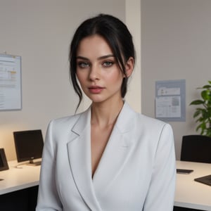 22 year old girl, solo, looking at viewer, blue eyes, black straight hair, closed mouth, artist name, lips, white shirt, black blazer, realistic, perfect hairstyle, office_lady, office, office dress, standing, 