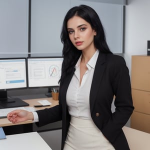 22 year old girl, solo, looking at viewer, blue eyes, black straight hair, closed mouth, artist name, lips, white shirt, black blazer, realistic, perfect hairstyle, office_lady, office, office dress, standing, looking straight, half body, attention position,