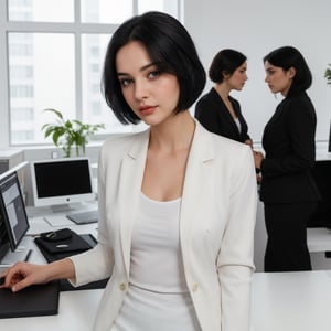 22 year old girl, solo, looking at viewer, blue eyes, black straight hair, closed mouth, artist name, lips, white shirt, black blazer, realistic, perfect hairstyle, office_lady, office, office dress, standing, looking straight, half body, attention position,