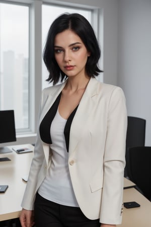 22 year old girl, solo, looking at viewer, blue eyes, black straight hair, closed mouth, artist name, lips, white shirt, black blazer, realistic, perfect hairstyle, office_lady, office, office dress, standing, 