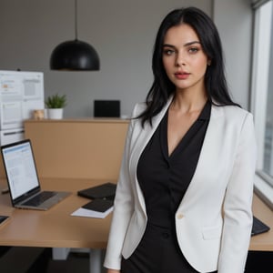 22 year old girl, solo, looking at viewer, blue eyes, black straight hair, closed mouth, artist name, lips, white shirt, black blazer, realistic, perfect hairstyle, office_lady, office, office dress, standing, looking straight,