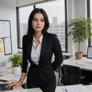 22 year old girl, solo, looking at viewer, blue eyes, black straight hair, closed mouth, artist name, lips, white shirt, black blazer, realistic, perfect hairstyle, office_lady, office, office dress, standing, 