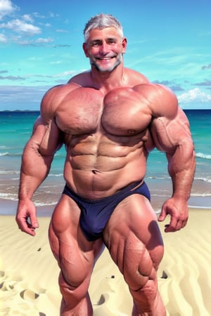 ((realistic)) ,65 years old, 185cm, 105kg, 10% body fats, handsome, man , bodybuilder,tan_body, large_muscles, beach, outdoor, erect_cock, Transparent  g_string, smile, mature, body_hair,grey_hair,furry,chubby, bulgeJ8,Rodrigo Cavalcanti