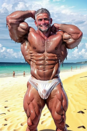 ((realistic)) ,65 years old, 185cm, 115kg, 15% body fats, handsome, man , bodybuilder,tan_body, large_muscles,((sweating)), beach, outdoor, pantsless, red_tanga,dark_skin, smile, mature, ((sweat_drops)), sweat, body_hair, grey_hair,furry,wet_body,dirty_body,chubby, bulgeJ8,Rodrigo Cavalcanti,g_string,thongs