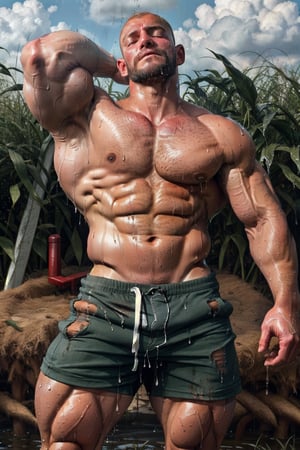 ((realistic)) ,65 years old, 185cm, 115kg, 15% body fats, handsome, man , tan_body, large_muscles,((sweating)), farm, farmer, outdoor, pantsless, underwear,dark_skin, sleeping, mature, corn filed ,((sweat_drops)), sweat, body_hair, furry, bald,wet_body,dirty_body,chubby