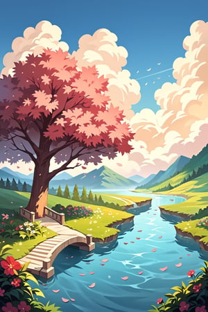 score_8_up, score_7_up, masterpiece, best quality, best aesthetics, perfect proportions, high resolution, excellent details, good colors, well detailed background, bright skin, perfect skin, good shading, flower, outdoors, sky, cloud, water, tree, no humans, cherry blossoms, scenery, rainbow