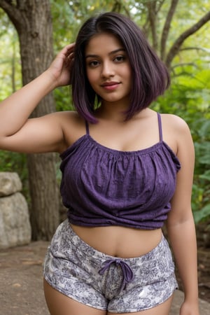 A photorealistic portrait of an 25-year-old Indian girl with captivating beauty, her hair styled in a chic bob and dyed ,wearing patterned purple top and and cotton shorts, curvy body, chic bob hair style, s , at  forest, sexy wink, alluring pose ,The girl's expression should be peace and contentment, showcasing her enjoyment of the moment , 

,SD 1.5,