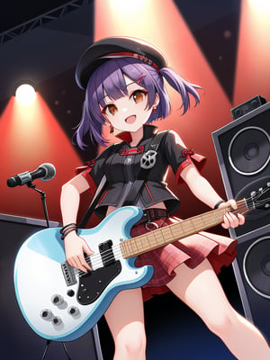 wzxiaoqiao_a 1girl, solo, looking at viewer, smile, short hair, open mouth, bangs, skirt, hair ornament, hat, holding, twintails, brown eyes, jewelry, standing, jacket, purple hair, short sleeves, earrings, detached sleeves, hairclip, belt, wide sleeves, bracelet, plaid, black headwear, red skirt, plaid skirt, instrument, music, guitar, playing instrument, electric guitar,  stage, speaker, stage lights