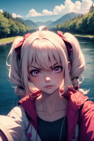 Albino girl, pink eyes, with pigtails, skin with a slight tan, in a bad mood, with a river in the background,curly pigtails,fringe,Crazy face 