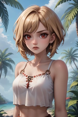 Blonde girl with short shoulder length hair and red eyes in a bad mood dragon shape in a gloomy tropical environment, unclothed