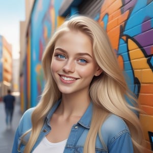 Create a digital illustration of an attractive young woman, 23 years old, with long blonde hair. She has bright blue eyes, a radiant smile, and is dressed in a stylish casual outfit suitable for a sunny day. The background is a vibrant urban setting with colorful street art. Her expression is cheerful and confident, and she exudes a sense of modern elegance and youthful energy.