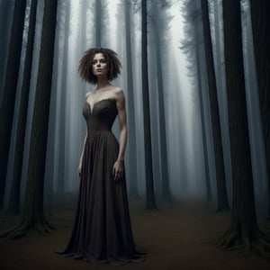 Create an enigmatic digital portrait of a woman with a Slavic face. She has striking dark brown hair that falls gracefully over her shoulders. Her eyes are deep and piercing, adding to her mysterious aura. She wears an elegant, dark-colored dress with intricate, traditional Slavic patterns subtly incorporated. The background is a dimly lit, atmospheric setting, perhaps an ancient, shadowy forest or a rustic, old-world interior. The overall mood is one of mystery and intrigue, with a touch of ethereal beauty. Use a negative prompt to avoid any modern elements or bright, cheerful colors, ensuring the scene remains true to the mysterious and timeless theme.