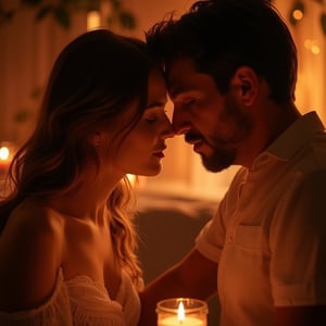 "Capture a warm, intimate moment between a couple in a winding, softly lit setting. Use low light to create a cozy atmosphere, with candles providing a gentle, flickering glow. Focus on the tenderness of their interaction, allowing the warm lighting and candle effects to highlight their connection and the serene ambiance around them."