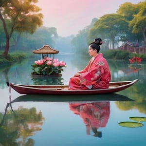 Generate a digital artwork depicting a serene scene. In the foreground, a man is seated on a small boat that is adorned with a vibrant, peacock-like pattern. He is dressed in robe and appears to be holding a small object, possibly a flower or a piece of fruit. The boat is surrounded by a lush display of lotus flowers in various shades of pink and red, which are floating on the water's surface. The background features a tranquil river or canal, with reflections of trees and buildings on the water's surface. The sky is overcast, suggesting either early morning or late afternoon. The overall atmosphere of the image is one of calmness and natural beauty.