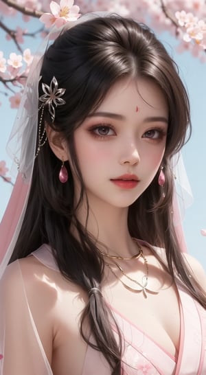 Captured at eye-level, a close-up shot of a Asian woman, dressed in a pink kimono, adorned with a white veil and a white belt. The woman's hair is styled in a sleek bob, and her eyes are adorned with eye lashes and eyelashes. She is adorned with earrings, and a necklace, adding a touch of charm to her outfit. The backdrop is a backdrop of cherry blossom trees, their branches covered in pink flowers, their leaves adding a pop of color to the scene. In the bottom right corner of the frame, a watermark is visible.