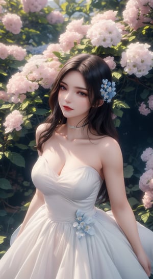 Captured from a high-angle perspective, a 3D rendering of a woman with long, wavy black hair, wearing a blue strapless dress adorned with white flowers. The woman's dress is draped in a flowing pattern of white and purple flowers, adding a touch of color to the scene. Her dress is adorned with a sheer white ribbon, adding depth to the composition. The backdrop is a lush green leafy tree with pink flowers scattered throughout it.