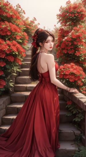 1girl, solo, long hair, brown hair, dress, holding, bare shoulders, jewelry, ponytail, flower, bracelet, red dress, hand fan, stairs, folding fan, holding fan