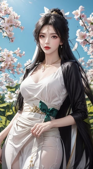 An animated image of a woman with long black hair. She is wearing a white And black  dress with a white  sash around her waist. Her hair is styled in a wavy bob. She has a necklace around her neck. Her dress is adorned with a gold ribbon. The woman is surrounded by a backdrop of white lilies and green leaves. To the left of the woman is a white bird flying in the air.