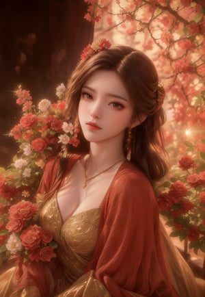 (Best quality,8K,A high resolution,Masterpiece:1.2),Ultra-detailed,(Realistic,Photorealistic,photo-realistic:1.37),Portrait,Creative style artwork,Historical,classical,Sophisticated,plethora of colors,Highly detailed,Soft lighting,luxurious environment,detailed gown,Vibrant flowers,detailed jewellery,Ethereal atmosphere,Elegant Pose,red dress,Graceful curves,Gold body proportions,Flowing hair,Breathtaking textile patterns,Harsh purple eyes,Delicate floral decoration,A dazzling array of crystal accessories,Mysterious and dreamy atmosphere,