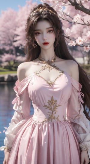 a 3D rendering of a woman in a pink dress, adorned with a pink flower, stands in front of a backdrop of cherry blossoms. The woman's dress is adorned with golden embroidery on the chest, and her long, dark hair cascades over her shoulders. Her dress is flowing in a flowing flowing fashion, adding a touch of beauty to the scene. The backdrop is a deep, dark purple, creating a striking contrast to the woman's outfit.