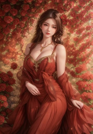 (Best quality,8K,A high resolution,Masterpiece:1.2),Ultra-detailed,(Realistic,Photorealistic,photo-realistic:1.37),Portrait,Creative style artwork,Historical,classical,Sophisticated,plethora of colors,Highly detailed,Soft lighting,luxurious environment,detailed gown,Vibrant flowers,detailed jewellery,Ethereal atmosphere,Elegant Pose,red dress,Graceful curves,Gold body proportions,Flowing hair,Breathtaking textile patterns,Harsh purple eyes,Delicate floral decoration,A dazzling array of crystal accessories,Mysterious and dreamy atmosphere,