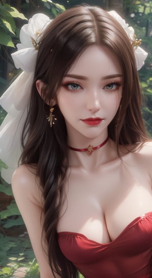 Captured from a low-angle perspective, a 3D rendering of a woman with long, wavy  black hair is adorned with a crown and earrings. She is dressed in a red strapless dress, adorned with white ribbons. Her hair is cascading over her shoulders, adding a touch of beauty to her outfit. The backdrop is a tree branch adorned with purple flowers, adding depth to the scene.