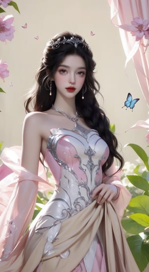 a barbie doll with long dark black  hair, wearing a pink strapless dress adorned with pink flowers and butterflies. The doll's dress is adorned with a beige scarf draped over her shoulders, adding a touch of color to the scene. The backdrop is a vibrant array of pink and purple flowers, with green leaves, stems, and green leaves. Adjacent to the doll, a white curtain is draped in the background, adding depth to the composition.