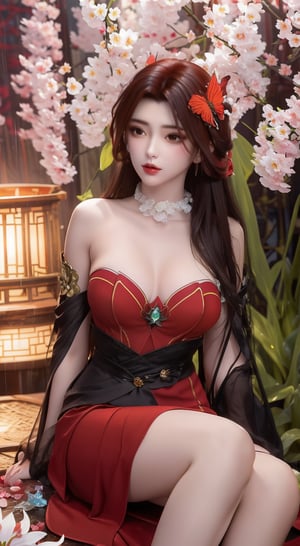 Sweet girl clothes8,(gem:1.3),, ((knee shot)), One hand resting on his lips、There are red butterfly orchids around the hair,Lilac dendrobium、orange lily、red lilies、1 girl in、fully body photo、Black hair, red dress、floated hair、Hazy beauty、A plump chest, Chopping, Have extremely beautiful facial features、Hairpin on the head、Lie in the flowers、Drag your chin with both hands、perfect hand、rosette、(springtime、raining day、butterflys、precipice)、 vectorial art、Chinese contemporary art、Soft lighting、intertwined scarves、looking-down