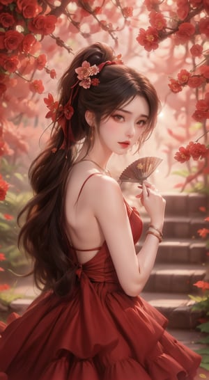 1girl, solo, long hair, brown hair, dress, holding, bare shoulders, jewelry, ponytail, flower, bracelet, red dress, hand fan, stairs, folding fan, holding fan