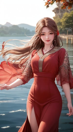 Red dress,long dress,flower,black rose, (Beautiful woman floating on the lake:1.3), #1: Bright Light Brown and Orange Streaked Hair,Lovely smile,Perfect round face,A cheerful smile makes the audience happy,Proper body proportions,On the table,Ultra-high quality output images,high resolution,Intricate details,Hair blowing in the wind,Very delicate and beautiful,Photo-realistic,Dreamy,Professional lighting,Realistic shadows,Beautiful hands,Beautiful fingers,Detailed finger features,Detailed clothing features,Detailed hair features,Detailed facial features,