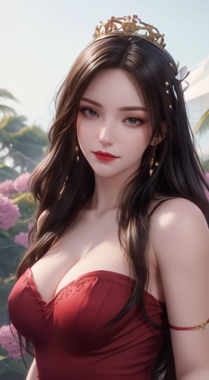 Captured from a low-angle perspective, a 3D rendering of a woman with long, wavy  black hair is adorned with a crown and earrings. She is dressed in a red strapless dress, adorned with white ribbons. Her hair is cascading over her shoulders, adding a touch of beauty to her outfit. The backdrop is a tree branch adorned with purple flowers, adding depth to the scene.