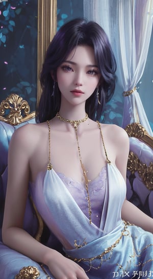 (Best quality,8K,A high resolution,Masterpiece:1.2),Ultra-detailed,(Realistic,Photorealistic,photo-realistic:1.37),Portrait,Creative style artwork,Historical,classical,Sophisticated,plethora of colors,Highly detailed,Soft lighting,luxurious environment,detailed gown,Vibrant flowers,detailed jewellery,Ethereal atmosphere,Elegant Pose,purple dress,Graceful curves,Gold body proportions,Flowing hair,Breathtaking textile patterns,Harsh purple  eyes,Delicate floral decoration,A dazzling array of crystal accessories,Mysterious and dreamy atmosphere,