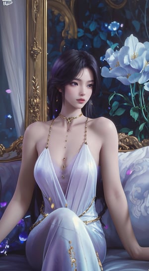 (Best quality,8K,A high resolution,Masterpiece:1.2),Ultra-detailed,(Realistic,Photorealistic,photo-realistic:1.37),Portrait,Creative style artwork,Historical,classical,Sophisticated,plethora of colors,Highly detailed,Soft lighting,luxurious environment,detailed gown,Vibrant flowers,detailed jewellery,Ethereal atmosphere,Elegant Pose,purple dress,Graceful curves,Gold body proportions,Flowing hair,Breathtaking textile patterns,Harsh purple  eyes,Delicate floral decoration,A dazzling array of crystal accessories,Mysterious and dreamy atmosphere,