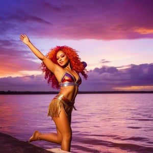 Warm golden light spills across the Paraná River's calm waters, illuminating the tranquil scene. Cumbia singer, fiery locks aflame, strides confidently along the shoreline, shimmering concert attire radiating her stage presence. Legs extended towards the horizon, she strikes a sassy pose as the sky transitions into a vibrant kaleidoscope of orange, pink, and purple hues.