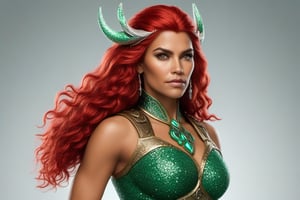 Eu quero uma linda mulher guerreira viking, com o cabelo o mais branco possível e uma mecha vermelha nele, e olhos verde-esmeralda.,8K,REALISTIC,glitter,HQ