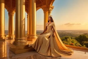 A majestic regal figure stands atop a gleaming throne, crown radiant in 8K HDR glory. Her royal highness, Queen of the World, surveys her dominion with confident majesty, golden light bathing her visage and attire. The lush greenery and majestic architecture of the background fade into the distance, emphasizing her regal presence.