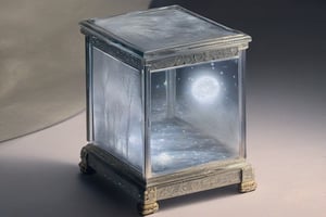 A mystical scene unfolds: a delicate glass box sits atop a velvet-draped pedestal, aglow with an ethereal light that seems to emanate from within. The moon, full and bright, casts a silver glow upon the glass's intricate etchings, as if channeling ancient magic.