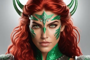 Eu quero uma linda mulher guerreira viking, com o cabelo o mais branco possível e uma mecha vermelha nele, e olhos verde-esmeralda.,8K,REALISTIC,glitter,HQ