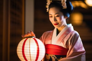 A beautiful woman wearing a Japanese traditional costume holds a lighted ball