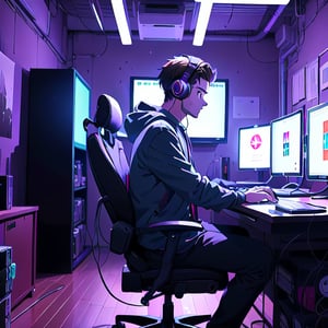 Young man sitting in a GAMER CHAIR in front of a GAMER COMPUTER. The keyboard, mouse and headphones have colored LED lights. In a room with LED lights. The scene in the image is at night. The room has a clean and tidy appearance. In a cold climate. The young man seems to be focused on the computer. On the wall there is a Fornite poster. 
Oil painting, trend on artstation, presented on deviantart.
The work has to be in an anime style. The room contains many collectible figures. The work is in a high quality resolution. In the image you can see that the young man is in profile looking at the computer