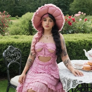 a girl who is sitting at a table ready for a tea hour, she along with the chairs and table is outside so in the background there is a beautiful garden with flowers, she wears a pink dress and a pink hat that matches her dress, the girl has fluffy pink and black hair ,black split dye, 4k, 18k, hairstyle, perfect face, After School, Melanie, Adele, Long hair, masterpiece high quality 18K, Hyperrealism, Realistic vision, rosy cheeks, realistic woman, a girl, Woman, best quality, woman, high quality, good lighting, A woman, with split hair, After School, girl, beauty, a girl who is sitting at a table ready for a tea hour, she along with the chairs and table is Outside, in the background there is a beautiful garden with flowers, she wears a pink dress and a pink hat that matches her dress, she has pink and black curly fluffy hair, black split dye, garden, tea time, elegant table , elegant chairs, elegant tea cups and roses, garden, flowers, bushes, pink, elegant, tea time in the garden