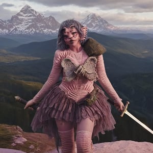 Pink and purple makeup, gorgeous makeup, a girl who is holding a sword while on a mountain, sword00, pink skin, four eyes, Full body, dark pink short curly hair, cured and detailed outfit, her hair is long and wavy, her hair is long, 4k, 18k, hairstyle, perfect face, Melanie, Adele, Long hair, masterpiece high quality 18K, Hyperrealism, Realistic vision, rosy cheeks, realistic woman, a girl, Woman, best quality, woman, high quality, good lighting, A woman, mountain00, Long hair, Pink skin, four eyes, Fancy, model, A woman. Pink and purple makeup, gorgeous makeup, long train skirt, hourglass00, pink skin, four eyes, Full body, a girl, dark pink short curly hair, cured and detailed outfit, her hair is long and wavy, her hair is long, 4k , 18k, hairstyle, perfect face, Melanie, Adele, Long hair, masterpiece high quality 18K, Hyperrealism, Realistic vision, rosy cheeks, realistic woman, a girl, Woman, best quality, woman, high quality, good lighting, A woman, menace00, Long hair, Pink skin, four eyes, Fancy, model, A woman,Big Quality, Masterpiece, High Quality,Melanie Martinez, Beautiful, 1girl,4 eyes, Nymph, Pink Skin