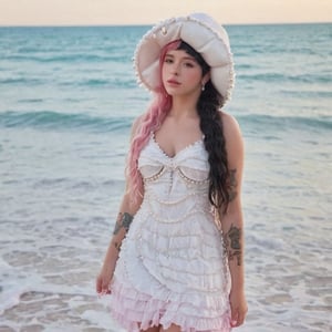 a girl who is entering the sea on a beach, she wears a beautiful long white dress with a white hat with pearls for decoration, the girl has fluffy pink hair black split dye, 4k, 18k, hairstyle, perfect face, After School, Melanie , Adele, Long hair, masterpiece high quality 18K, Hyperrealism, Realistic vision, rosy cheeks, realistic woman, a girl, Woman, best quality, woman, high quality, good lighting, A woman, with split hair, After School, girl, beauty, a girl who is entering the sea on a beach, the girl has fluffy, curly, black split dye pink and black hair, she has a big and beautiful white dress with a white hat, decorated with pearls, she even has a pearl in her right hand, sea, beach, pearls, white dress with pearls, white hat with pearls, pearls, pearls, mother of pearl, sea of ​​pearls