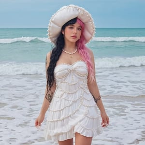 a girl who is entering the sea on a beach, she wears a beautiful long white dress with a white hat with pearls for decoration, the girl has fluffy pink hair black split dye, 4k, 18k, hairstyle, perfect face, After School, Melanie , Adele, Long hair, masterpiece high quality 18K, Hyperrealism, Realistic vision, rosy cheeks, realistic woman, a girl, Woman, best quality, woman, high quality, good lighting, A woman, with split hair, After School, girl, beauty, a girl who is entering the sea on a beach, the girl has fluffy, curly, black split dye pink and black hair, she has a big and beautiful white dress with a white hat, decorated with pearls, she even has a pearl in her right hand, sea, beach, pearls, white dress with pearls, white hat with pearls, pearls, pearls, mother of pearl, sea of ​​pearls