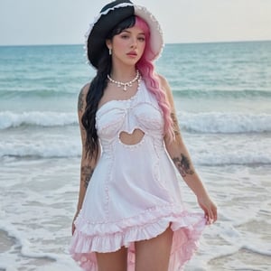 a girl who is entering the sea on a beach, she wears a beautiful long white dress with a white hat with pearls for decoration, the girl has fluffy pink hair black split dye, 4k, 18k, hairstyle, perfect face, After School, Melanie , Adele, Long hair, masterpiece high quality 18K, Hyperrealism, Realistic vision, rosy cheeks, realistic woman, a girl, Woman, best quality, woman, high quality, good lighting, A woman, with split hair, After School, girl, beauty, a girl who is entering the sea on a beach, the girl has fluffy, curly, black split dye pink and black hair, she has a big and beautiful white dress with a white hat, decorated with pearls, she even has a pearl in her right hand, sea, beach, pearls, white dress with pearls, white hat with pearls, pearls, pearls, mother of pearl, sea of ​​pearls