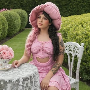 a girl who is sitting at a table ready for a tea hour, she along with the chairs and table is outside so in the background there is a beautiful garden with flowers, she wears a pink dress and a pink hat that matches her dress, the girl has fluffy pink and black hair ,black split dye, 4k, 18k, hairstyle, perfect face, After School, Melanie, Adele, Long hair, masterpiece high quality 18K, Hyperrealism, Realistic vision, rosy cheeks, realistic woman, a girl, Woman, best quality, woman, high quality, good lighting, A woman, with split hair, After School, girl, beauty, a girl who is sitting at a table ready for a tea hour, she along with the chairs and table is Outside, in the background there is a beautiful garden with flowers, she wears a pink dress and a pink hat that matches her dress, she has pink and black curly fluffy hair, black split dye, garden, tea time, elegant table , elegant chairs, elegant tea cups and roses, garden, flowers, bushes, pink, elegant, tea time in the garden