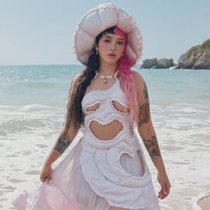 a girl who is entering the sea on a beach, she wears a beautiful long white dress with a white hat with pearls for decoration, the girl has fluffy pink hair black split dye, 4k, 18k, hairstyle, perfect face, After School, Melanie , Adele, Long hair, masterpiece high quality 18K, Hyperrealism, Realistic vision, rosy cheeks, realistic woman, a girl, Woman, best quality, woman, high quality, good lighting, A woman, with split hair, After School, girl, beauty, a girl who is entering the sea on a beach, the girl has fluffy, curly, black split dye pink and black hair, she has a big and beautiful white dress with a white hat, decorated with pearls, she even has a pearl in her right hand, sea, beach, pearls, white dress with pearls, white hat with pearls, pearls, pearls, mother of pearl, sea of ​​pearls