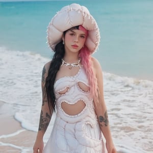 a girl who is entering the sea on a beach, she wears a beautiful long white dress with a white hat with pearls for decoration, the girl has fluffy pink hair black split dye, 4k, 18k, hairstyle, perfect face, After School, Melanie , Adele, Long hair, masterpiece high quality 18K, Hyperrealism, Realistic vision, rosy cheeks, realistic woman, a girl, Woman, best quality, woman, high quality, good lighting, A woman, with split hair, After School, girl, beauty, a girl who is entering the sea on a beach, the girl has fluffy, curly, black split dye pink and black hair, she has a big and beautiful white dress with a white hat, decorated with pearls, she even has a pearl in her right hand, sea, beach, pearls, white dress with pearls, white hat with pearls, pearls, pearls, mother of pearl, sea of ​​pearls