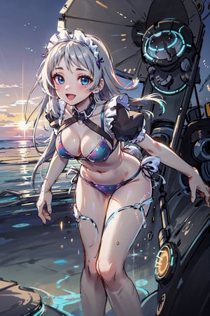  best quality, 4k, 8k, highres, masterpiece:1.5, ultra-detailed, beautiful face,1girl,solo,long hair,looking at viewer, (((Holographic form))) of a young woman in her mid-20s, ((Long, flowing silver hair that moves as if underwater)), Bright electric blue eyes with circuit-like patterns in the iris, Slender, graceful build with slightly elongated limbs, Facial features are a perfect blend of various human ethnicities, Sleek, wearing (((maid_uniform bikini))) that seems to be made of liquid light, Wears a delicate, glowing circlet on her forehead that serves as her primary processing unit,  (((beach_background))), lovely, blushing, Data Processing Equipment, smile, down_view, bow down, beach_umbrella, beach_chairs, (sunset), 